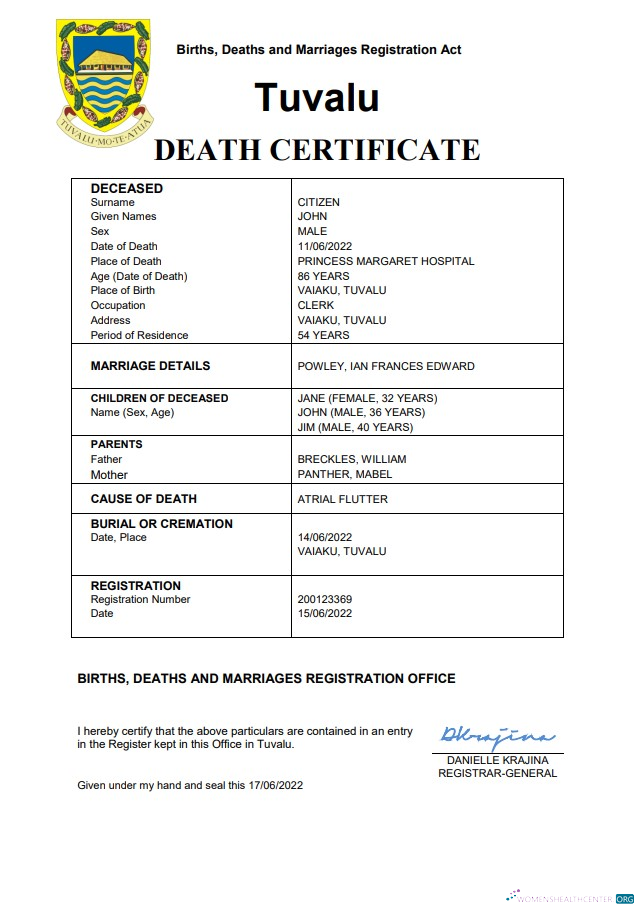 Download Tuvalu vital record death certificate Word and PDF template Photoshop template